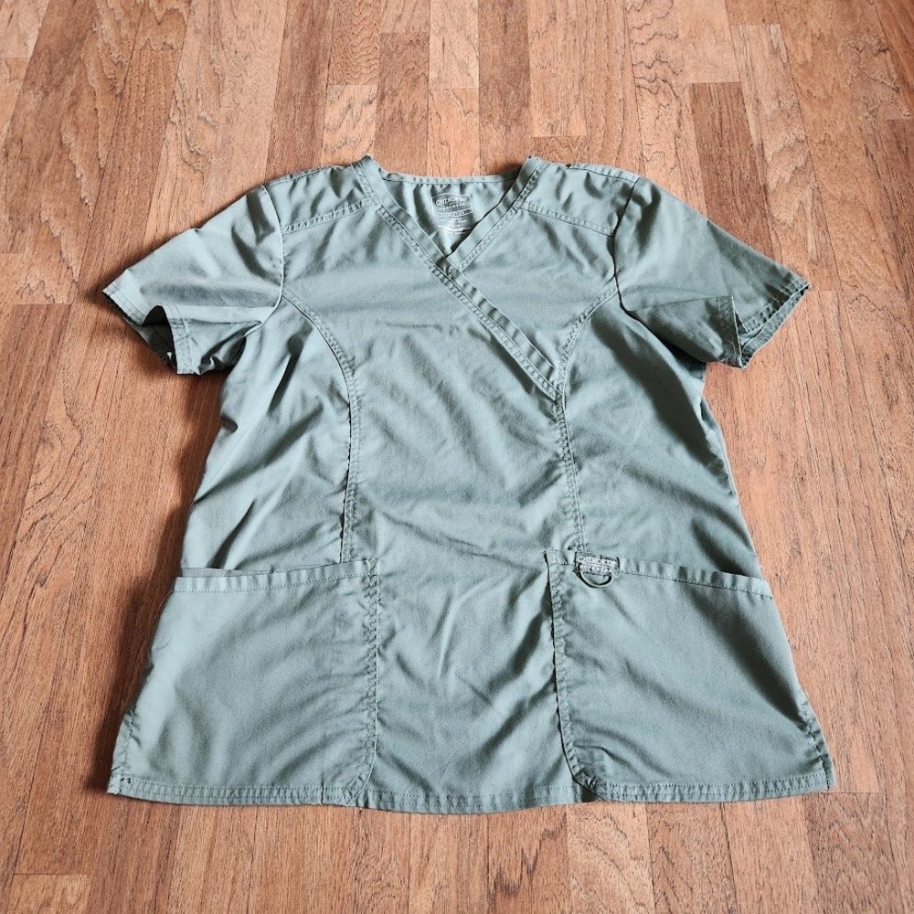 Cherokee Workwear Revolution WW610 Scrub Top Olive Green V-Neck Mock Wrap L 707